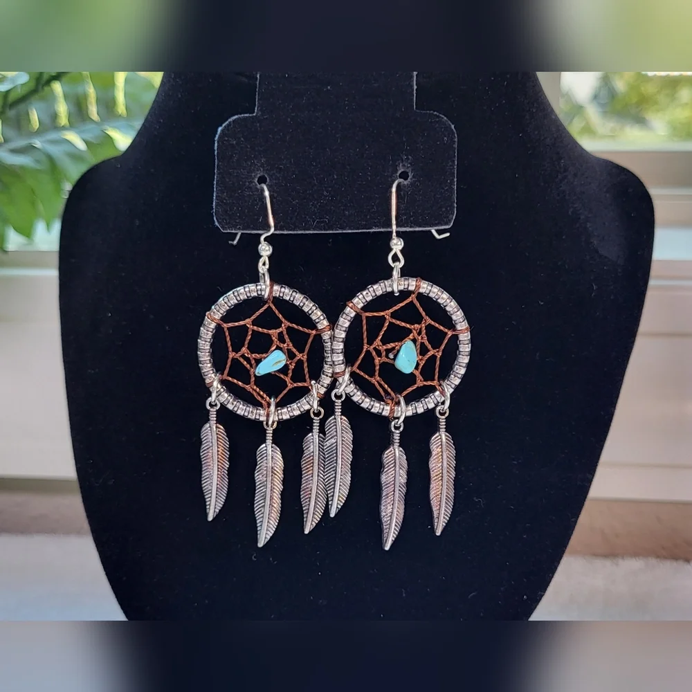 Silver Dreamcatcher Statement Dangle Earrings / Pierced